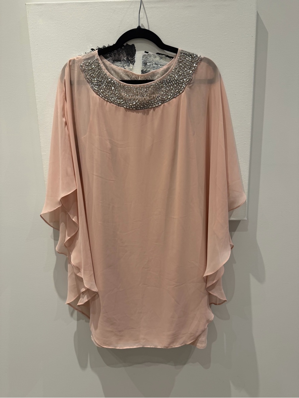 Xscape Beaded Neck Cape-Sleeve Top in Blush